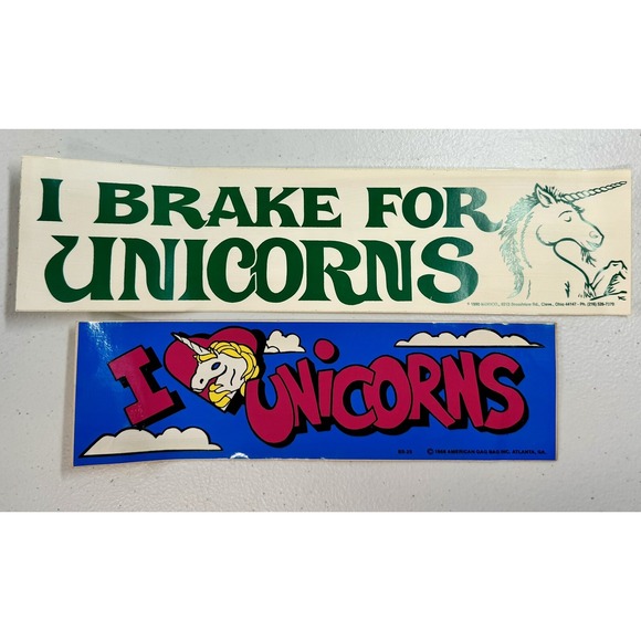 Vintage 1988 Bumper Stickers American Gag Bag I ❤️ Love Unicorns Brake For Modco